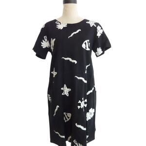 Red Ginger Womens Cotton Dress Small Black Floral Belted Mid Length Casual Dress